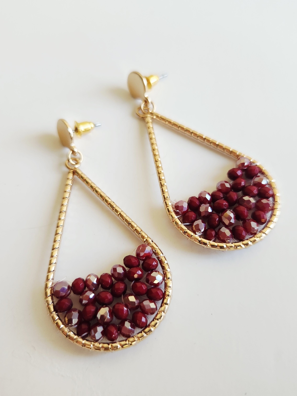 Gold Teardrop Earrings with Garnet Red Beads
